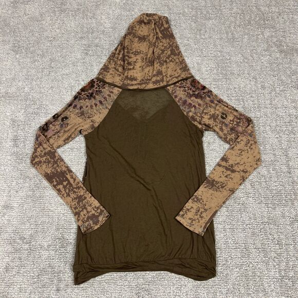 Free People Burnout Tee Shirt Womens Large Hooded Y2K Top Brown - Picture 5 of 7